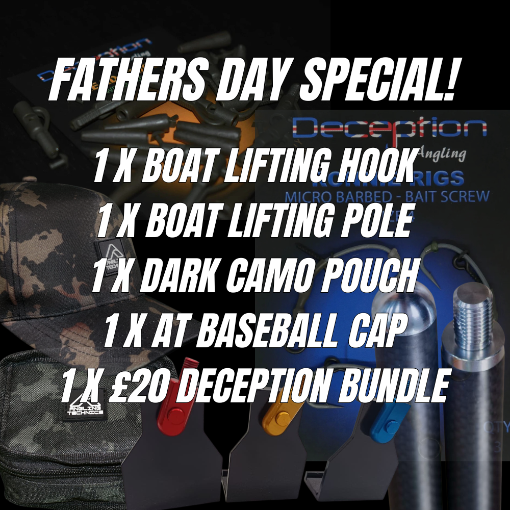 Fathers Day Special offer with fishing gear and accessories on a dark background