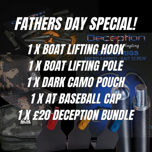 Fathers Day Special offer with fishing gear and accessories on a dark background